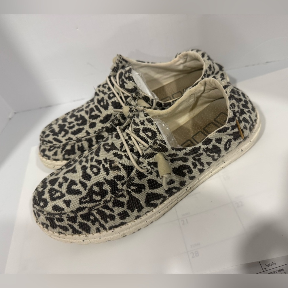 Hey Dude Women's Wendy Woven Cheetah Grey slip-on sneakers.